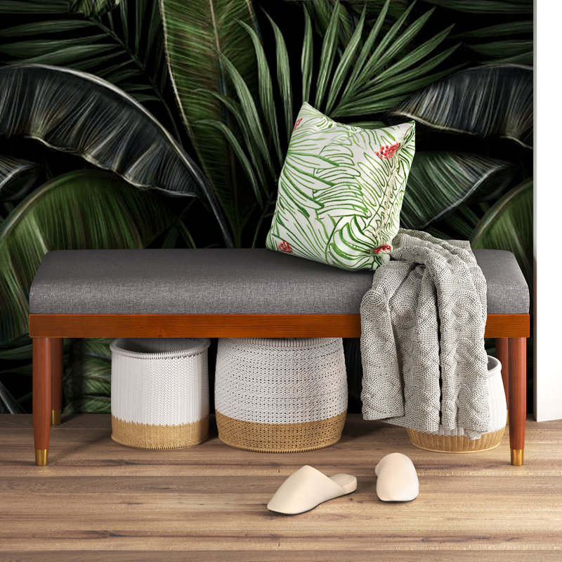Raymond Mid-Century 48" Grey Upholstered Bench with Brass-Tipped Legs
