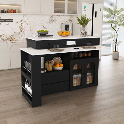 Îlot de cuisine extensible et pivotant avec placage de marbre, 4 tiroirs et placards à portes vitrées, idéal pour les cuisines et salles à manger modernes et compactes