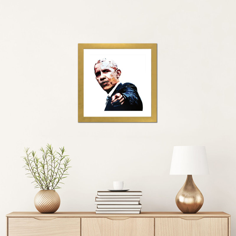 «Obama» par EdsWatercolours - impression, H 16 po x l 16 po x p 1 po, Papier encadré doré, Blanc