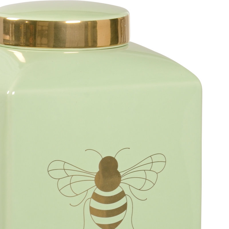Ceramic Jar, Light Green/Gold, 9.5" H x 7" W x 7" D