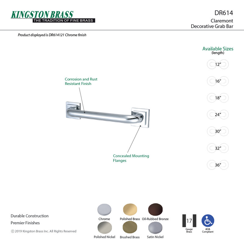 Kingston Brass Claremont 1-1/4 Inch O.D Grab Bar, 12" W, Polished Nickel
