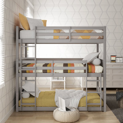Korbin Wood Triple Twin Size Low Floor Bunk Bed with Ladder