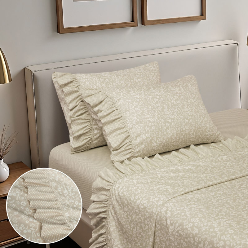 Printed Floral and Polka-Dot Ruffle Sheet Set, Taupe, Twin