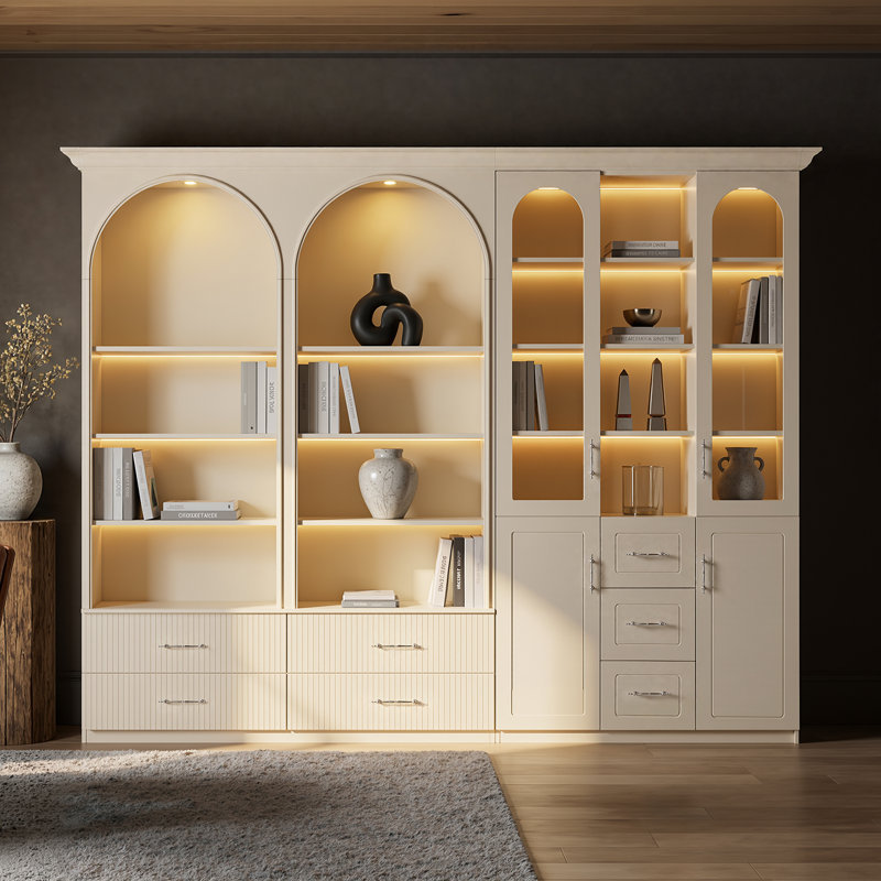 92.5'' H 2-Piece Bookcase With Double Arched Open Shelves & Drawers