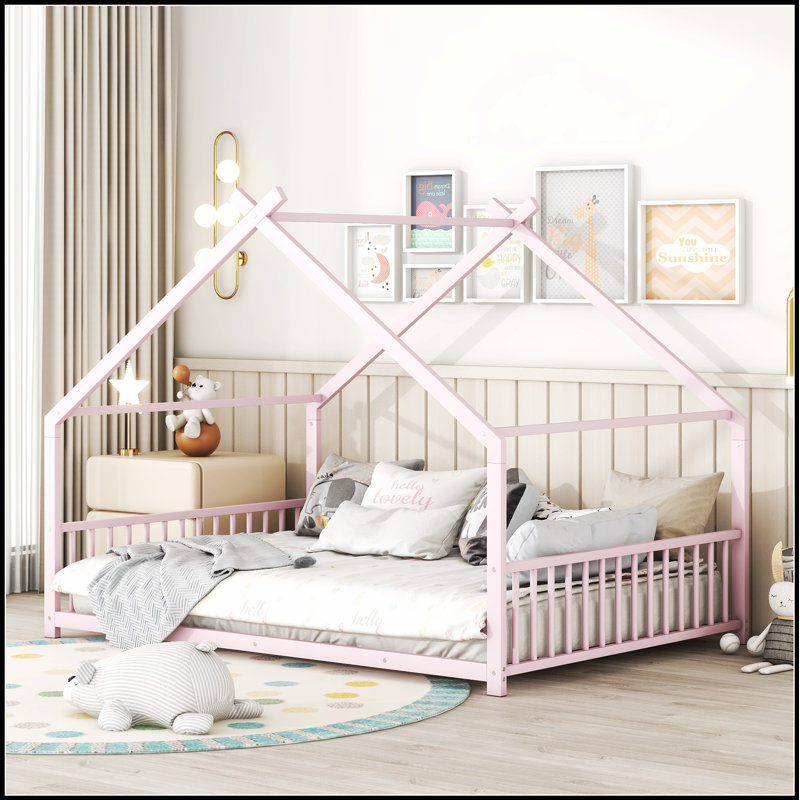 Lit robuste en métal au design unique, parfait pour l'imagination des enfants et un sommeil confortable, Lit double, Rose