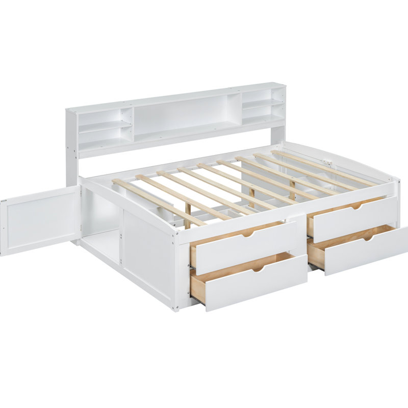 Full Size Daybed In White With 2 Bedside Cabinet Shelving Units, 4 Drawers & Upper Rack - , Elegant, Space Optimizing Size Nightstand Storage Cabinets, Shelves , Chic, Efficient Design