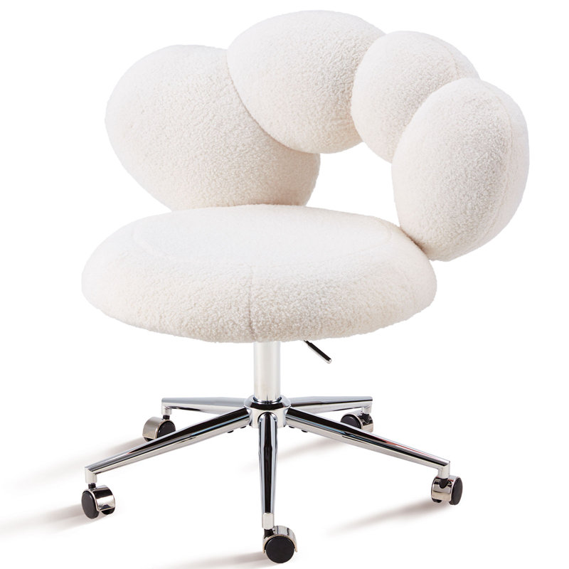 Armless Desk Chair Teddy Fabric Vanity Chair With Wheel, White