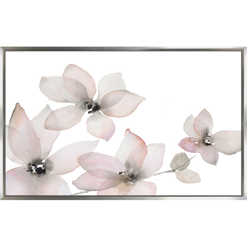 «Blooming Whispers II», reproduction de peinture à l'aquarelle, H 31,5 po x l 51,5 po x P 2 po, Cadre flottant argent
