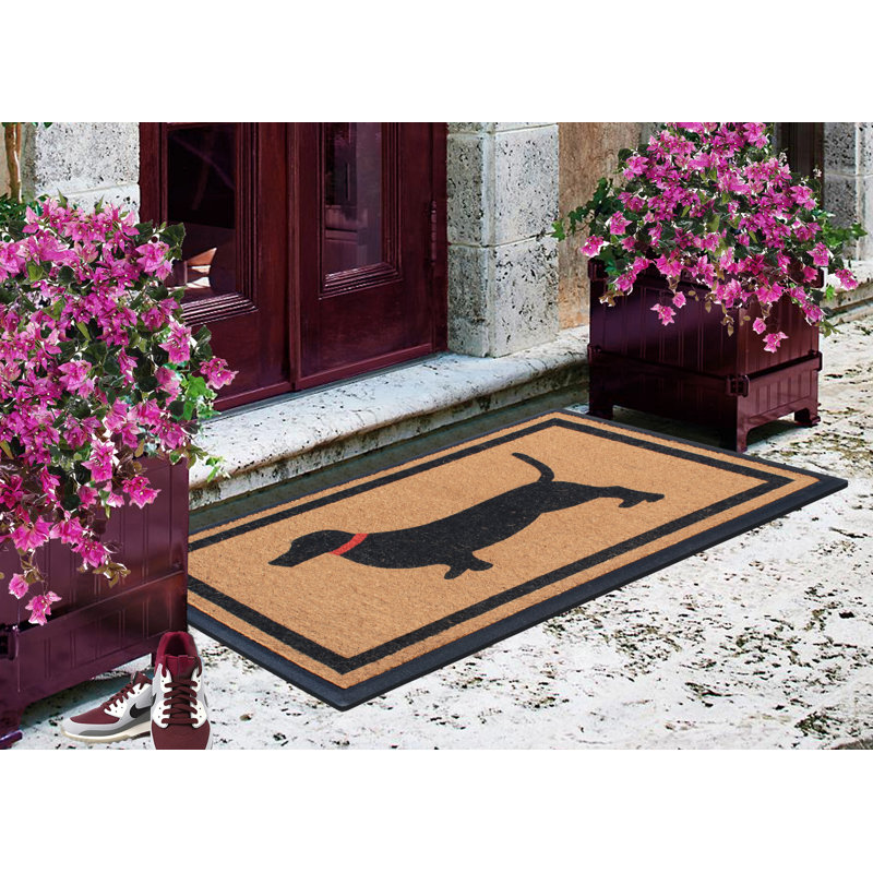 Large Black and Beige Coir Outdoor Doormat with Dog Design