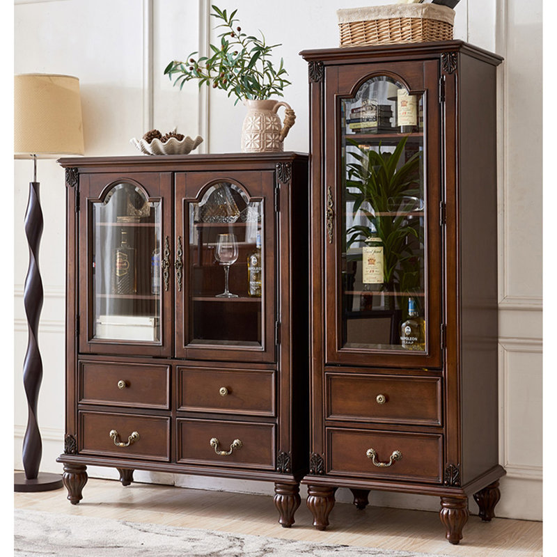 Vitrine rétro en bois d'hévéa avec tiroirs, conception ornée, Brun