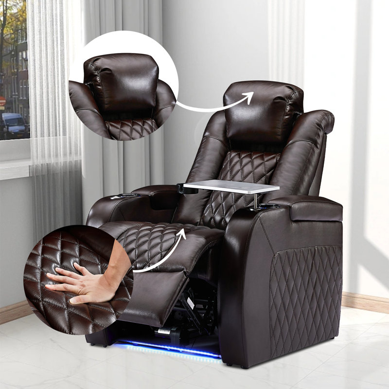Siège de cinéma maison inclinable électrique en cuir avec porte-gobelet (rangée de 4 causeuses à gauche), Cuir véritable brun