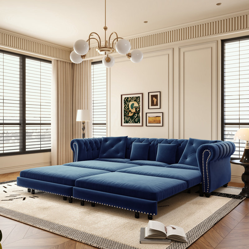 Canapé en velours avec repose-pieds mobile et design capitonné, Bleu