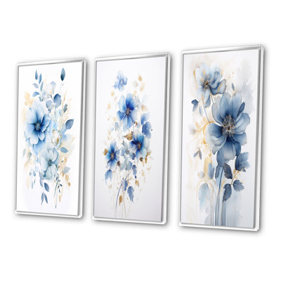 «Délicates feuilles de ginko bleu sur aquarelle blanche», 3 pièces sur toile