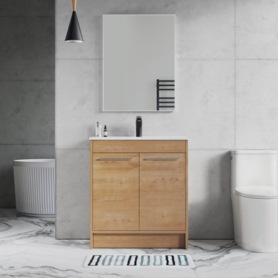 Grove Free Standing Single Bathroom Vanity with White Ceramic Sink, 2 Soft-Close Doors and 1 Adjustable Shelf, Floor Standing Vanity Set in Oak Natural