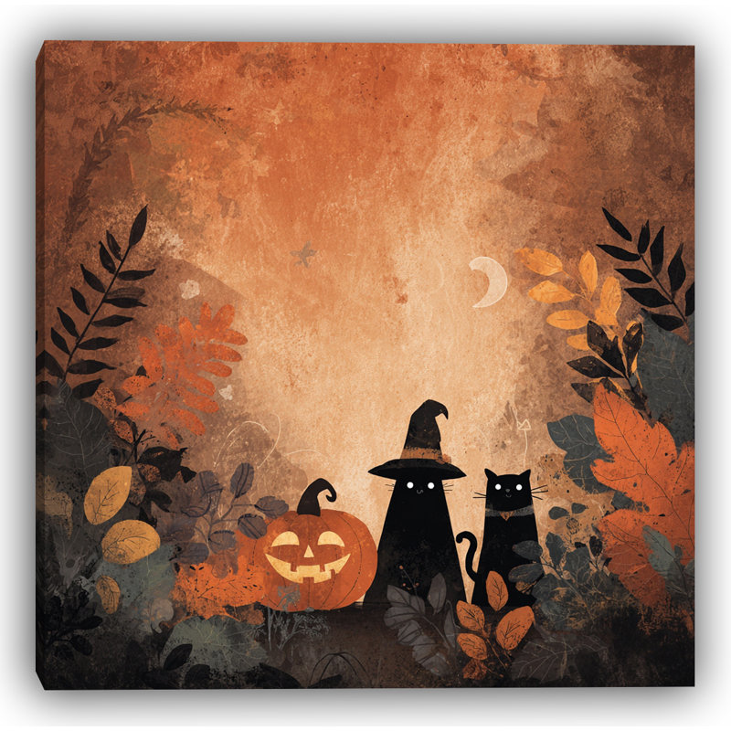 Art mural sur toile citrouille, chat de sorcière et feuilles d'automne, H 30 po x l 30 po
