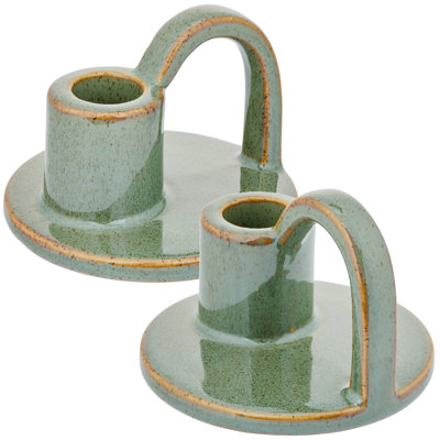 Elise Petite Ceramic Taper Candle Holder Set of 2, Decorative Tabletop Candleholders, Green
