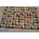 Small Size Geometric Folk Art Pattern Antique American Hooked Area Rug