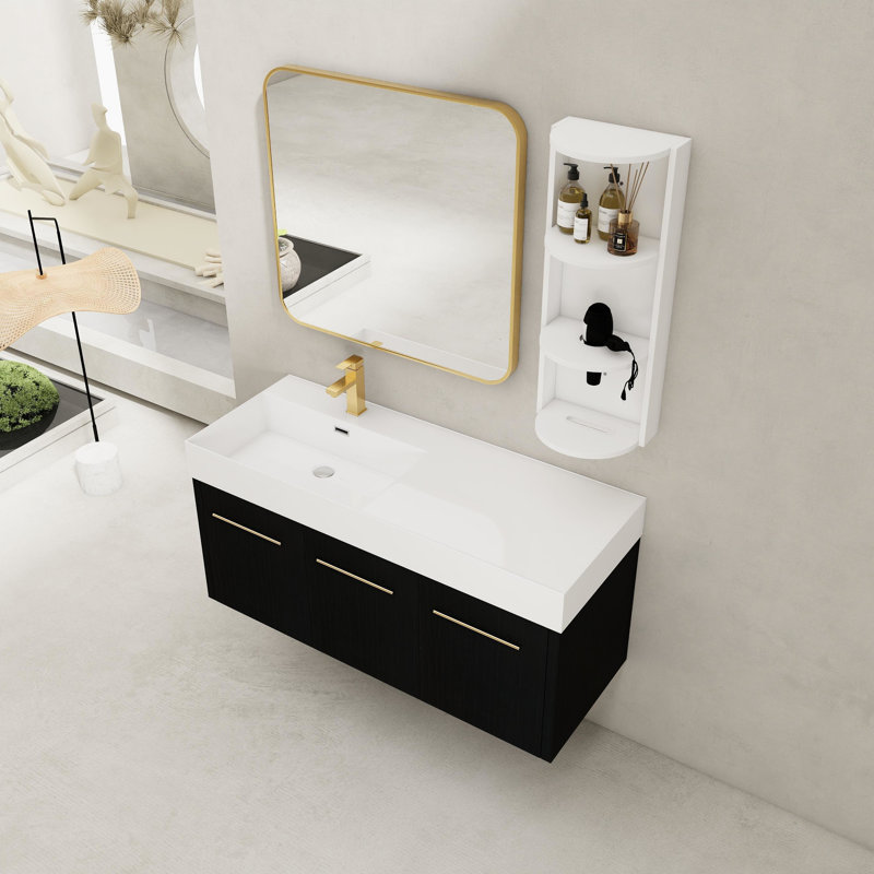 Meuble-lavabo de salle de bain avec lavabo de 48 pouces, lavabo en résine à bord épais, support de rangement assorti et finition châtaignier noir