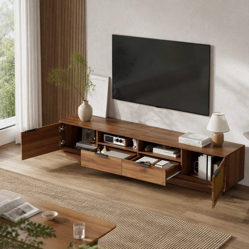 Meuble télé de 78 pouces, console multimédia moderne avec façades en rotin, deux tiroirs et étagères ouvertes, centre de divertissement pour salon