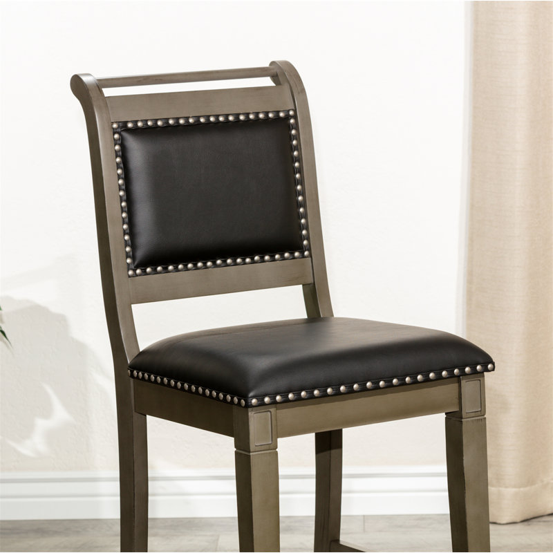 Tabouret de comptoir avec finition patinée et siège en cuir, Gris, Noir