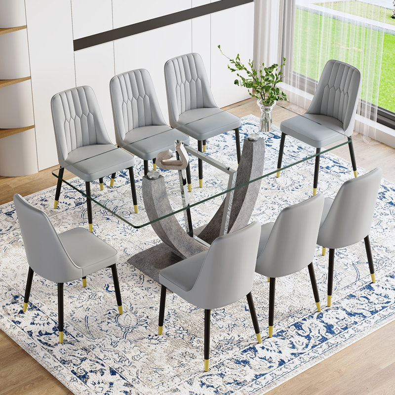 71'' Modern Glass Dining Table Set For 6-8,Ideal For Family Gatherings, 9 Pieces: Table, 8 Chairs, Gray