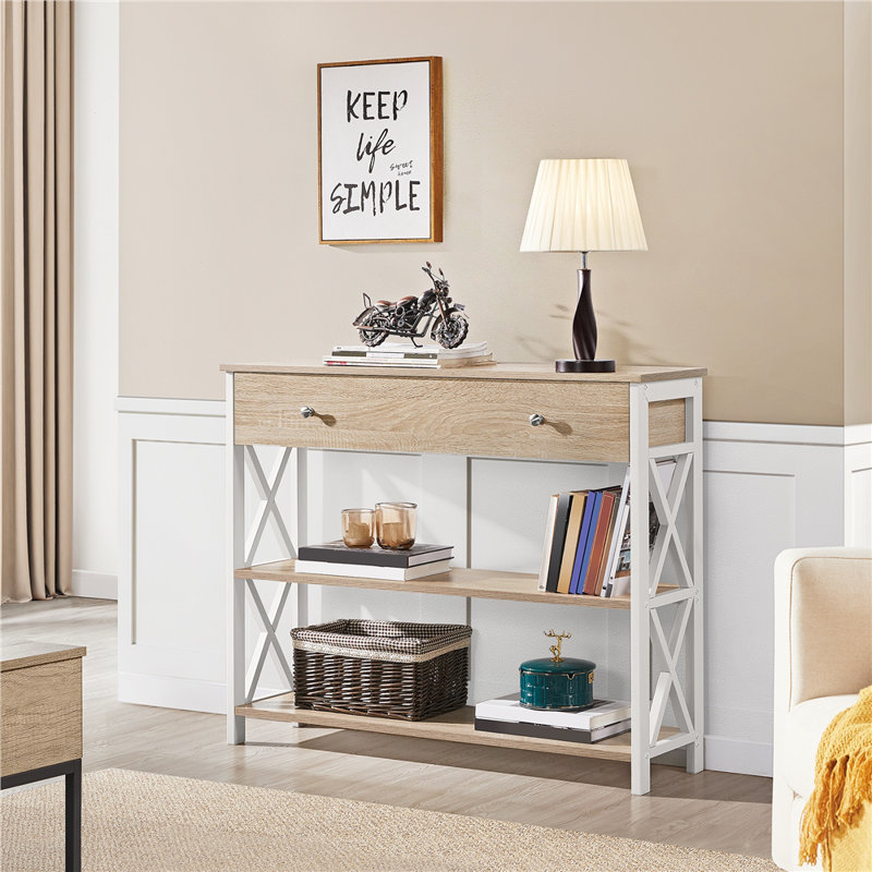 Vintage Wooden Console Table, White, Light Oak, 80cm H x 30cm W x 100cm L