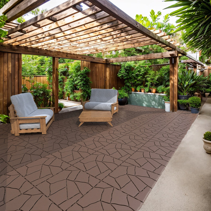 Brown Faux Stone Pattern Interlocking Outdoor Deck Tiles, 12" x 12"