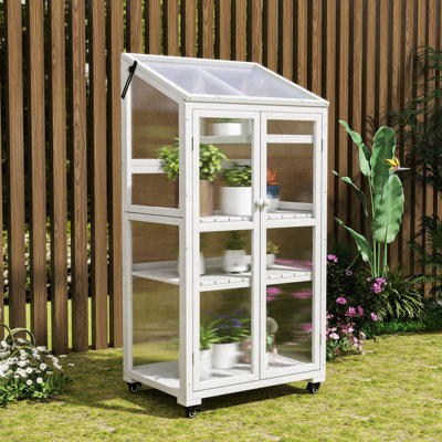 Wood Greenhouse with Adjustable Shelves and Wheels, Portable Cold Frame for Indoor/Outdoor