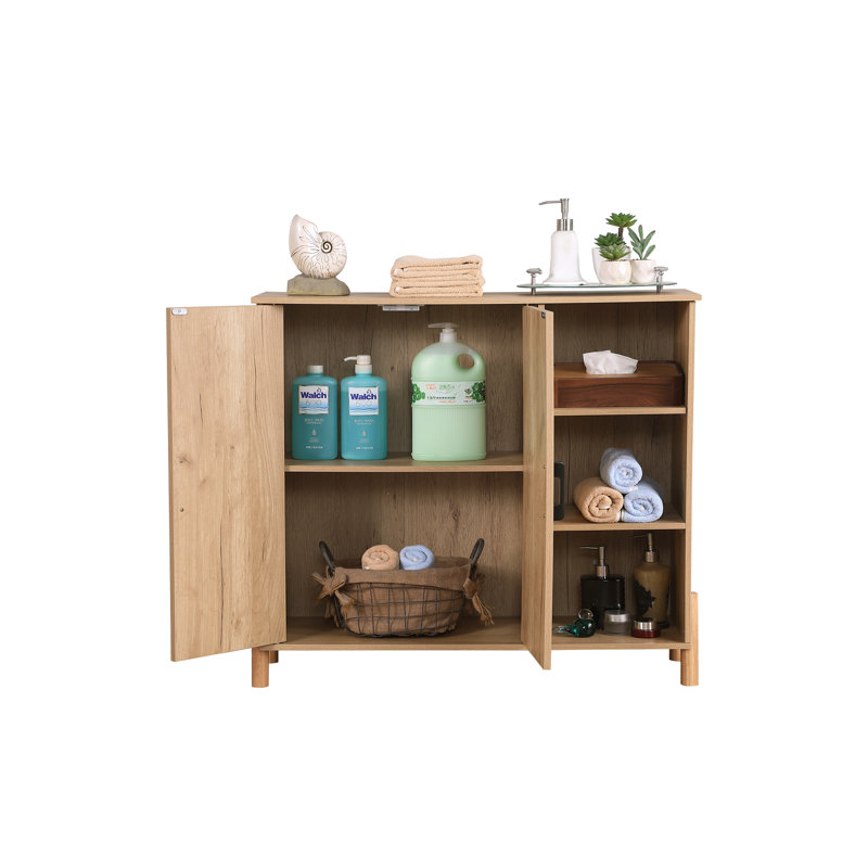 Armoire de rangement Mid-Century moderne avec portes en rotin tissé, tablettes ouvertes et tablettes réglables