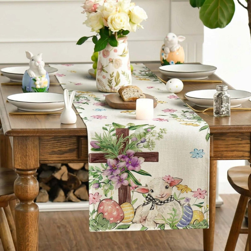 Sheep Cross Eggs Easter Table Runner Seasonal Spring Wild Flowers Polyester Kitchen Dining Table Decoration 1 Piece