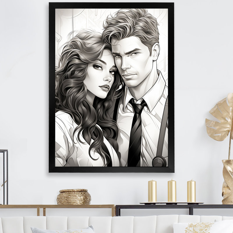 Couple Portrait Bd Illustration - Portrait romantique, art mural, Cadre simple noir, H 32 po x l 24 po x P 1 po