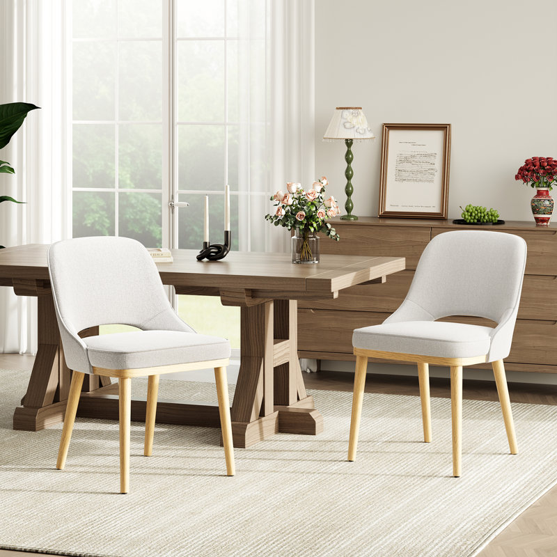 Upholstered Dining Chair With Solid Wood Legs, Beige, 2
