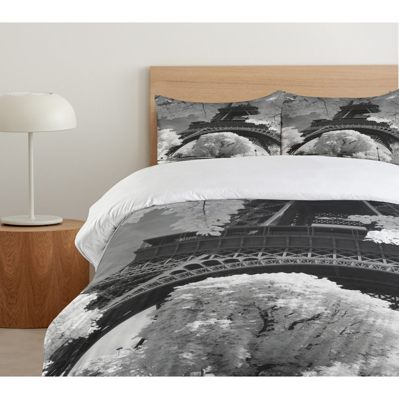 Queen Black and White Eiffel Tower Duvet Cover Set