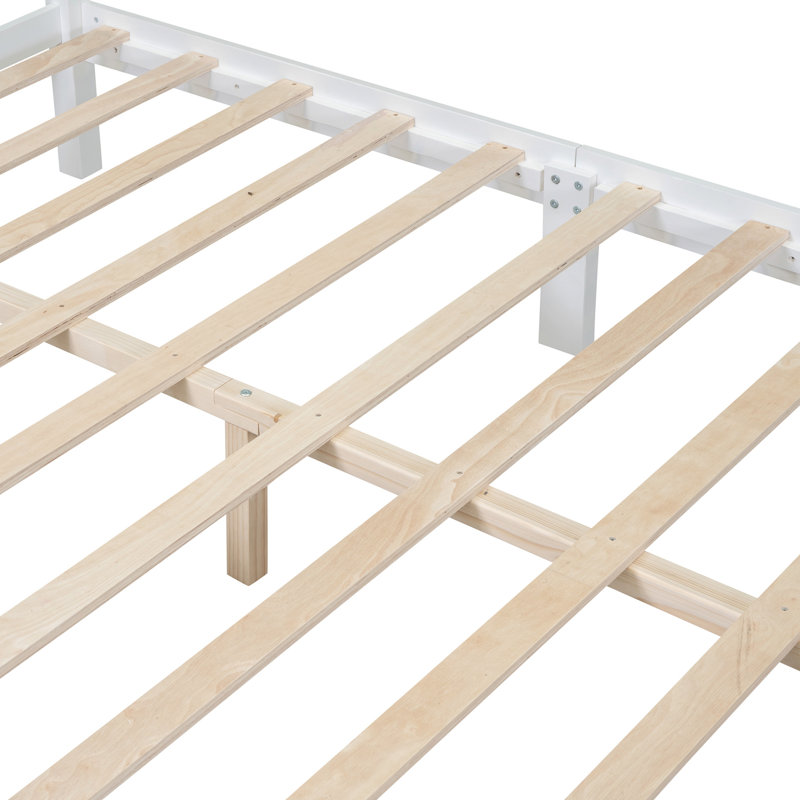 White Queen Size Platform Bed, Retro Appeal With Wood Slat Support Style Bed Secure And Support,