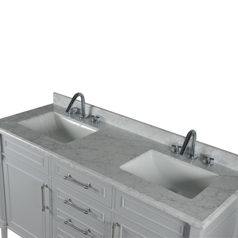 60” Double Vanity With White Carrara Marble Top, Light Gray