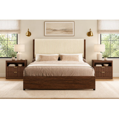Ensemble de chambre à coucher 3 pièces, lit rembourré avec 4 tiroirs et 2 tables de chevet