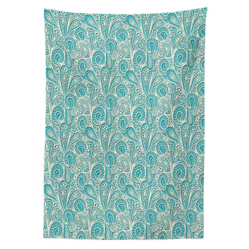 Teal Tablecloth, Classical Lace Style Pattern With Romantic Feminine Elements Inspired Artwork Print, Rectangular Table Cover For Dining Room Kitchen Decor, 52" X 70", Teal Beige