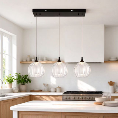 Suspension moderne pour îlot de cuisine avec abat-jour en verre transparent, lampe suspendue DEL à 3 lumières ajustables pour salle à manger