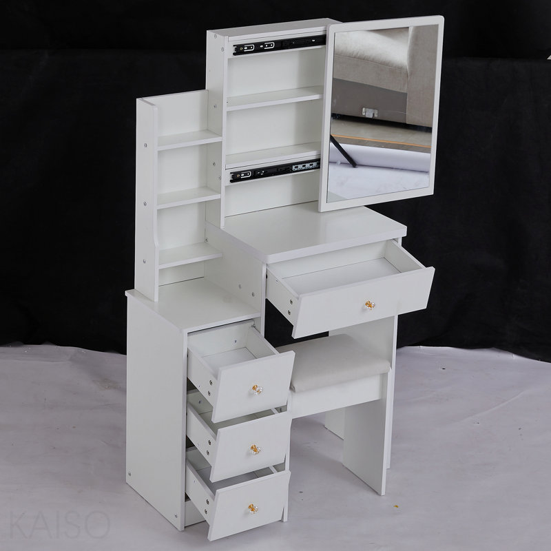 Petite coiffeuse 29,2 po avec tabouret de chevet gauche + tabouret rembourré, très grand miroir coulissant à droite, rangement multi-couches à grande capacité, commode pratique