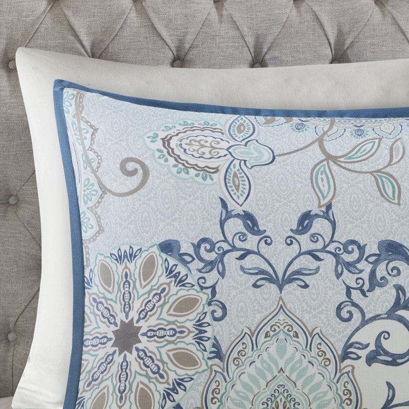 Boho-Chic Blue Floral Cotton King/Cal King Duvet Set