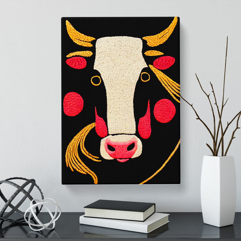 Cow Embroidery - Wrapped Canvas Print, 50cm H x 35cm W x 3cm D