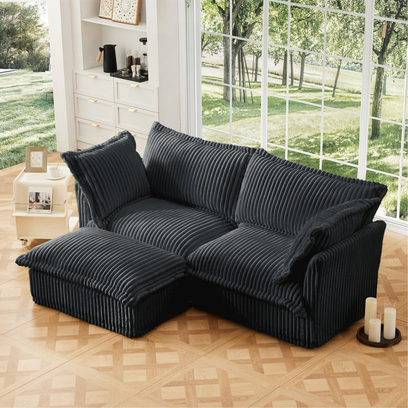 Canapé modulaire 2 places avec housse et repose-pieds convertible, Velours côtelé gris