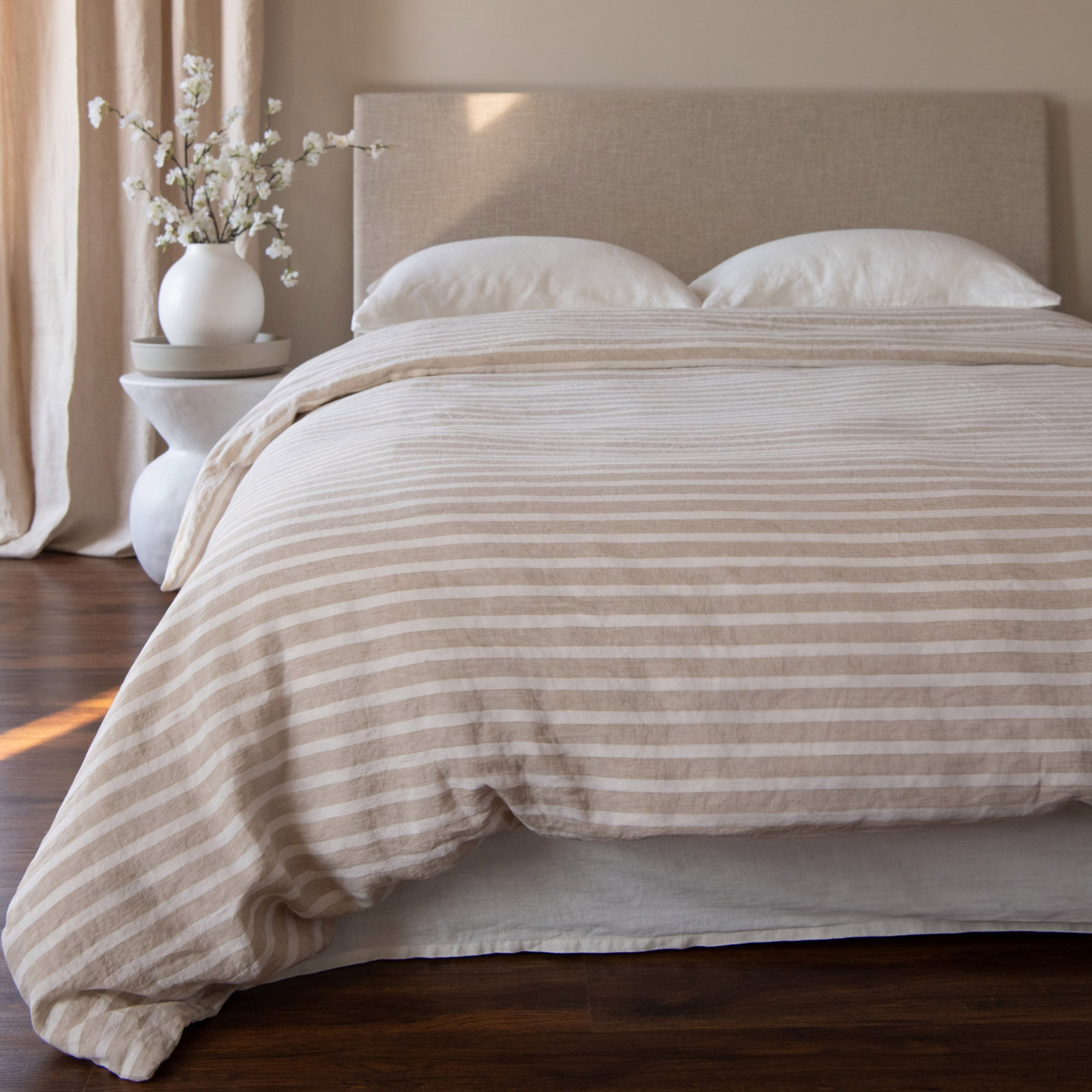 French Linen Duvet Cover Set, Twin Duvet Cover + 1 Standard Pillow Sham, Putty & Cream Stripe