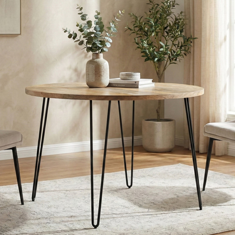 Hunter 45"W Solid Mango Wood Round Dining Table, Industrial Style with Iron Legs, Seats 4