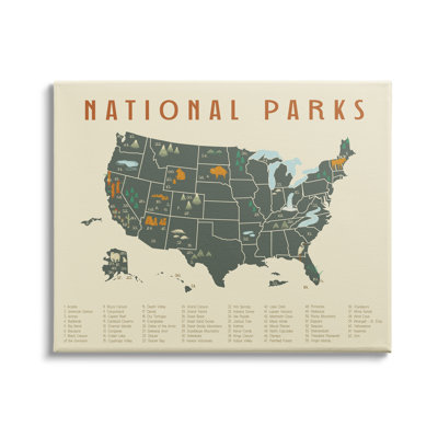 United States National Parks Adventure Map Green Orange Super Oversized Stretched Canvas Wall Art by Daphne Polselli