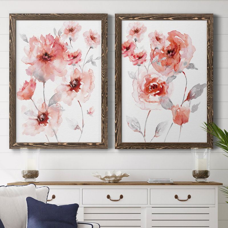 Translucent Blush I - ensemble de 2 reproductions d'art, Pas de tapis, Toile avec cadre en noyer