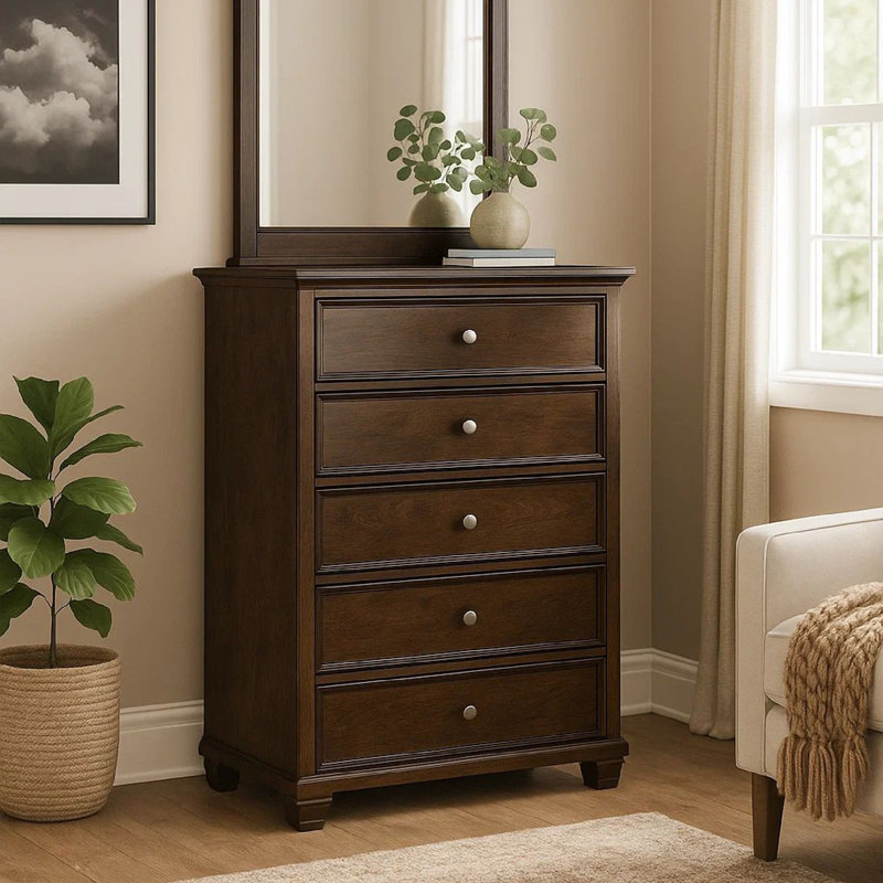 Commode haute Reno, 5 boutons ronds en nickel, bois massif brun
