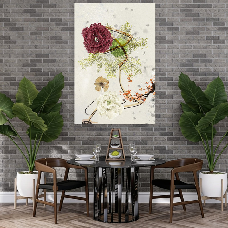 Botanical Line Woman Abstract Elegant Minimalist Cherry Peony Flower Nature Wall Art Print, 152.4cm H x 101.6cm W