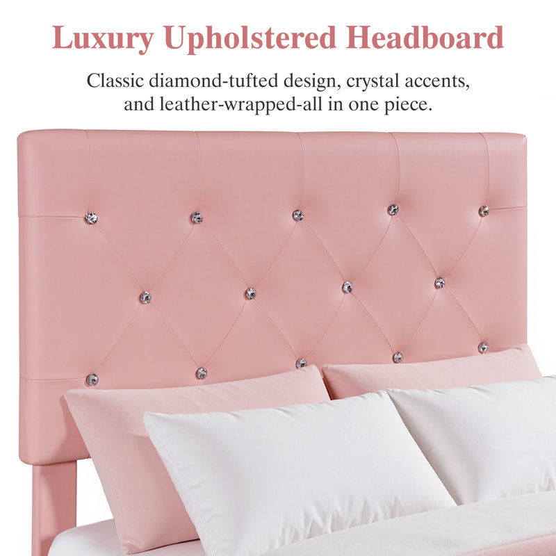 Modern PU Leather Storage Twin Size Bed Frame with Adjustable Tufted Headboard, Twin, Pink
