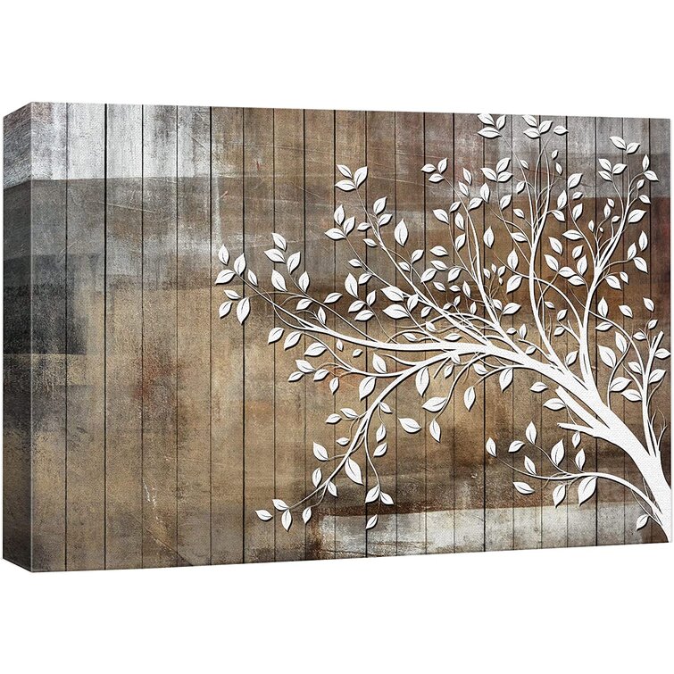 IDEA4WALL Large White Tree Branch With Leaves On Wood Effect Background  Wall Art On Canvas Print & Reviews